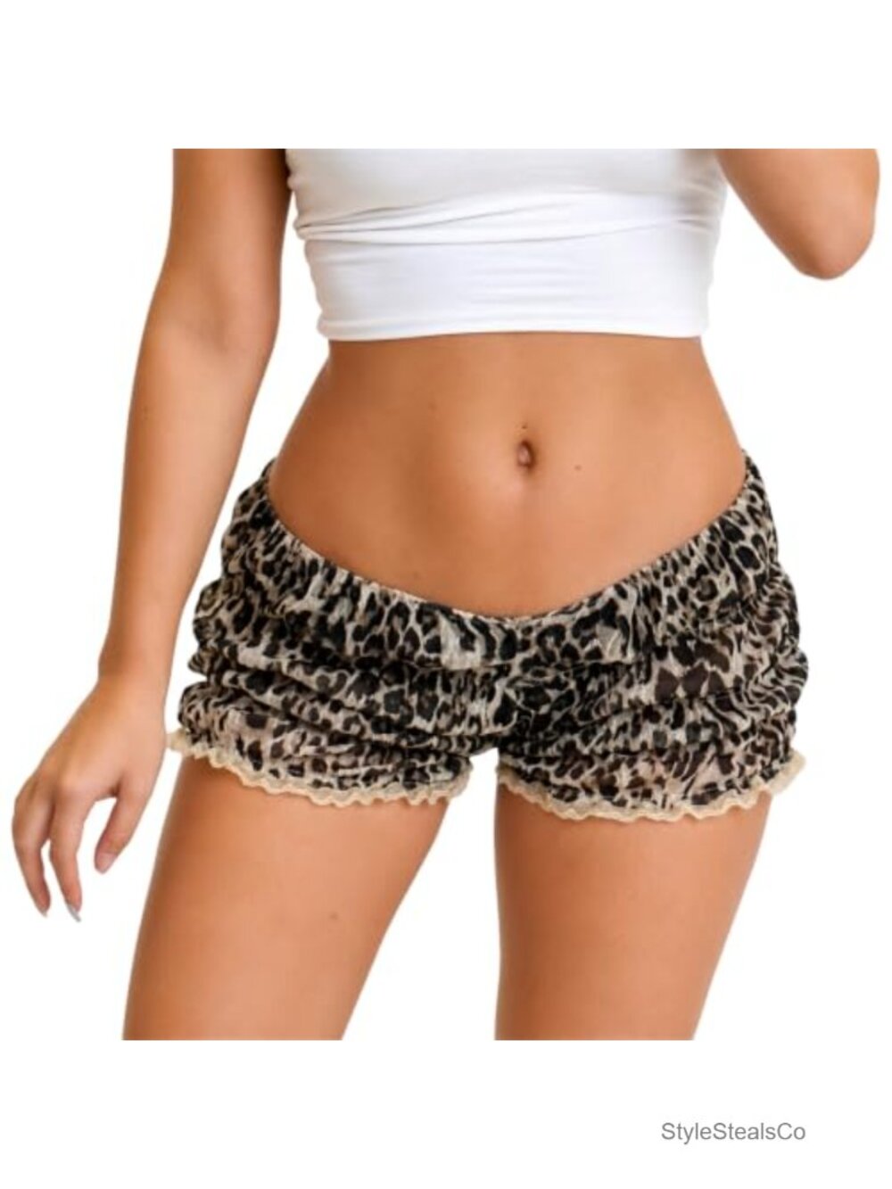 Usweetie Women Tiered Ruffle Lace Hem Leopard Cheetah Print Mini Shorts